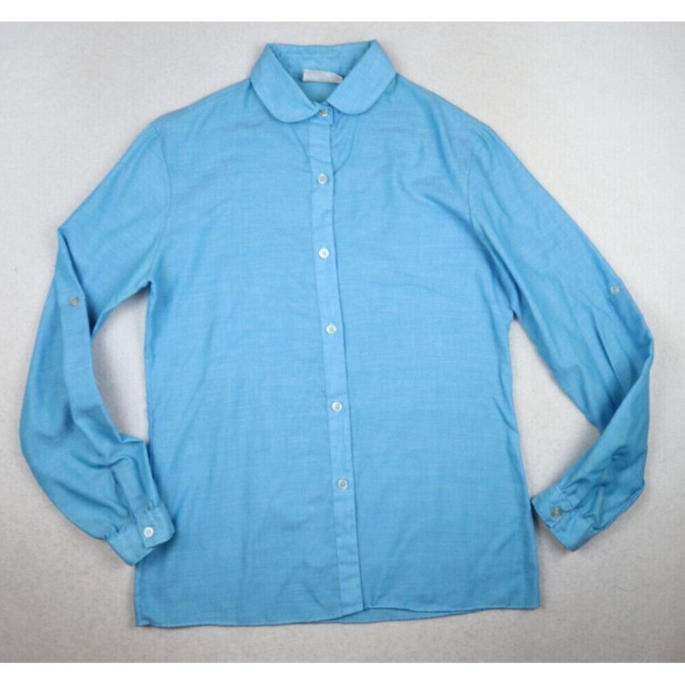 VINTAGE 70s WOMEN'S BLUE BUTTON-UP TOP - PETER PAN COLLAR - HUK-A-POO - SIZE 9